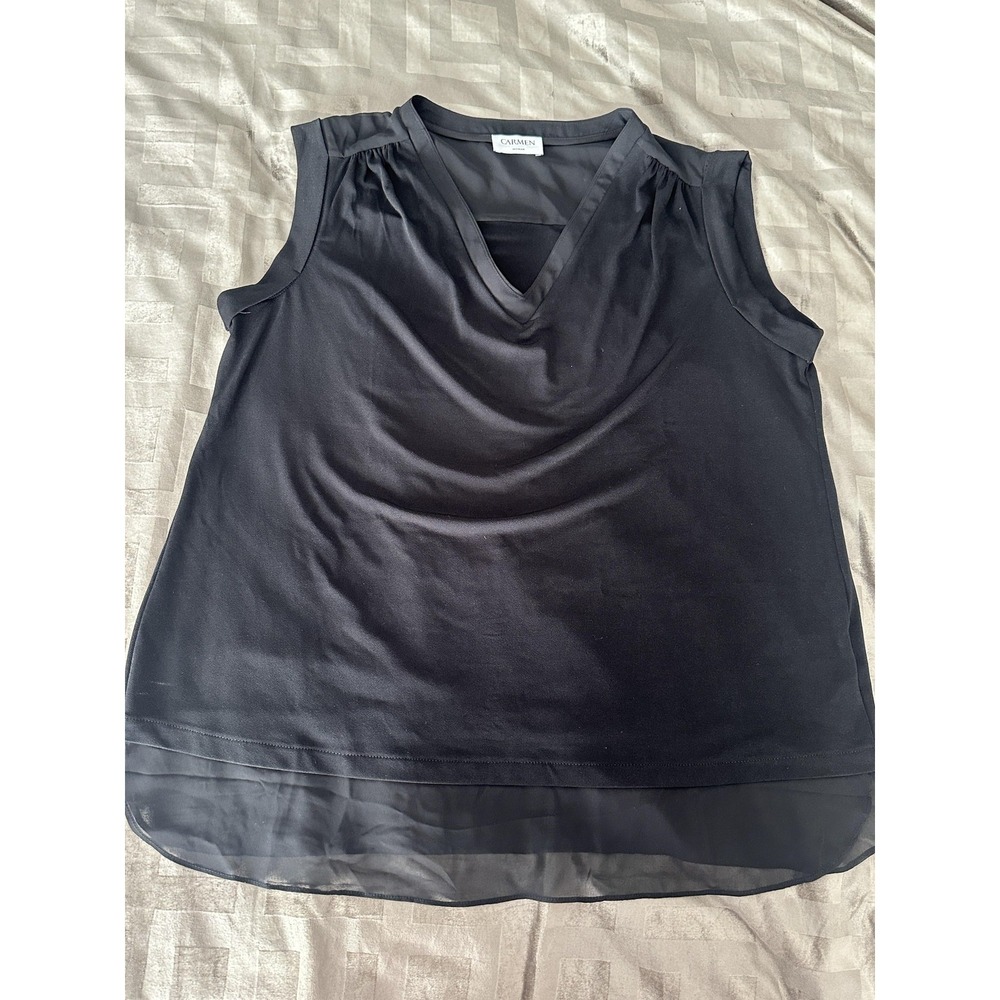Carmen Marc Valvo Woman Shirt Womens 0X Black V Neck Sleeveless Sheer Hem Blouse - Picture 1 of 14